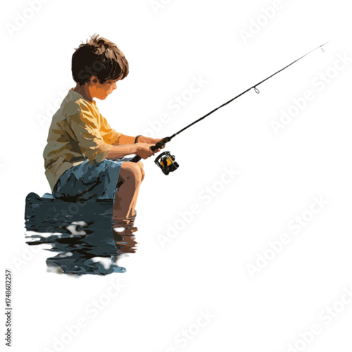 Young boy sitting patiently while fishing with a rod and reel.