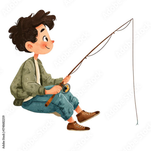 Charming cartoon illustration of a young boy fishing happily.