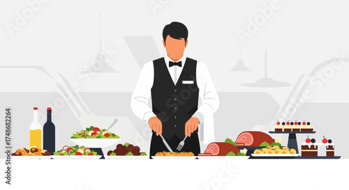 Waiter at a buffet cutting food with different dishes and food on the table