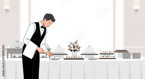 Waiter Attending to a Buffet Setup Serving Elegant Dishes at a Formal Event
