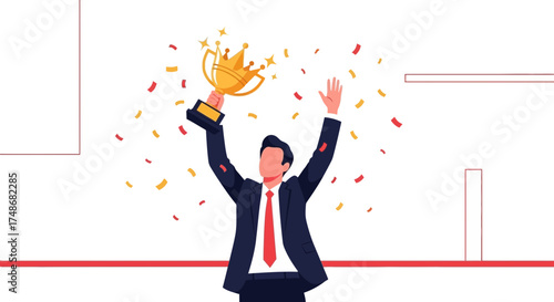 Victorious Businessperson Celebrates Success By Holding High The Trophy With Joy