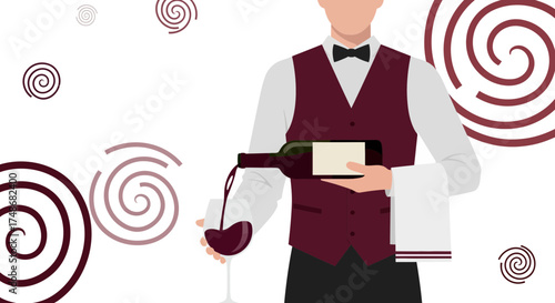 Waiter Dexterously Pouring Wine Into Glass Against a Whimsical Swirl Background