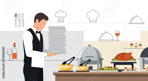 Waiter Holding Plates Near Food Serving Station For Buffet Or Catering Event