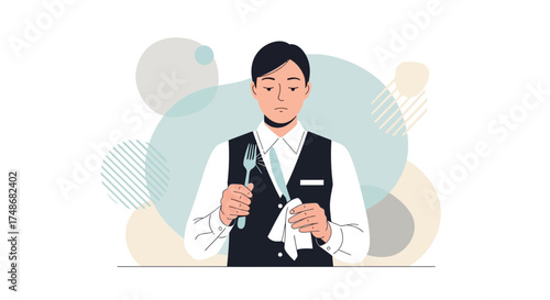 Waiter holding cutlery and napkin in a restaurant prepared to serve food