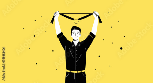 Victorious Character Holding A Medal Celebrating, Triumph, Success, And Achievement Illustrated
