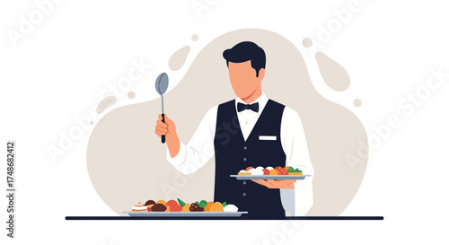 Waiter Holding Spoon and Serving Food on Trays, Restaurant Service Illustration
