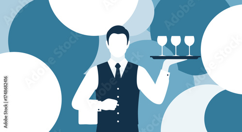 Waiter Holding Tray with Wine Glasses against Blue Circle Background