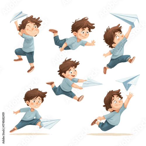 Character set of a cute boy in various dynamic poses playing with a paper airplane.