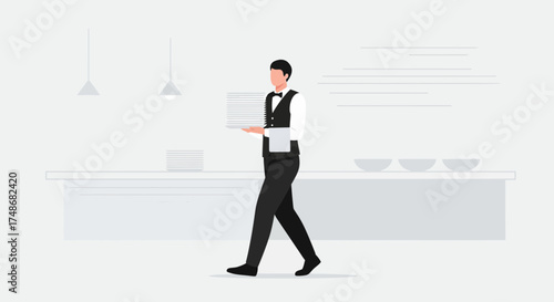 Waiter in a restaurant serving plates, modern vector illustration flat design