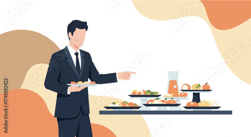 Waiter in a suit presenting food at a buffet or catering event in a modern illustration