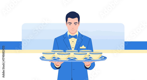 Waiter In Uniform Carrying A Tray Featuring Fine China Bowls For Serving