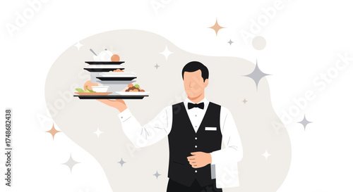 Waiter in Uniform Carrying Food Tray Depicts Restaurant Service Illustration Perfectly