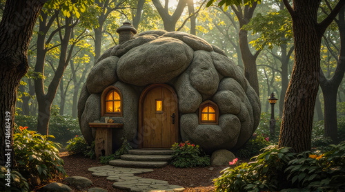 Whimsical Stone Cottage Hidden In Forest With Warm Window Light And Cozy Doorway
