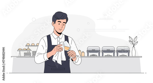 Waiter polishing a wine glass at a buffet, perfect for hospitality or restaurant concepts