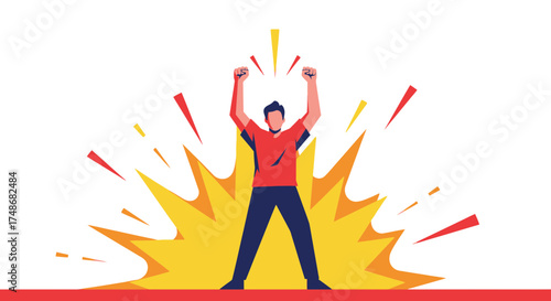 Victorious Figure With Arms Raised In Celebration Against A Bursting Dynamic Background