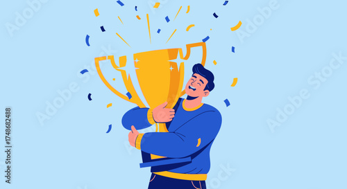 Victorious Individual Embracing Trophy Under a Shower of Joyful Celebration Confetti
