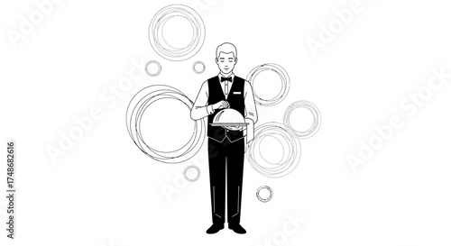 Waiter Presenting Dish: Black and White Illustration with Abstract Circular Elements