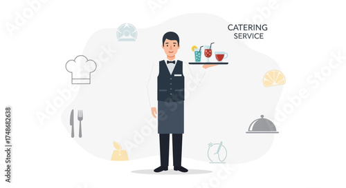 Waiter Presenting Drinks Beverages And Catering Service Represented Through Illustration