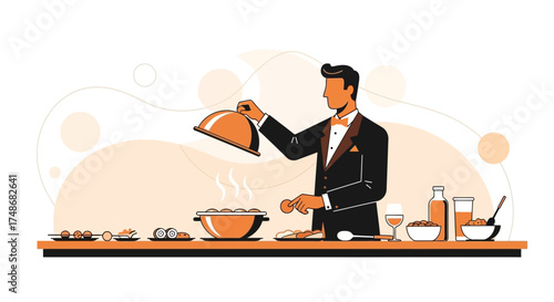 Waiter presenting meal in a restaurant setting with food, beverages and serving