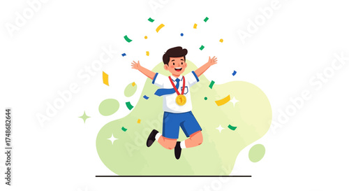 Victorious Student Jumping With Joy Celebrating Gold Medal Achievement Award Celebration