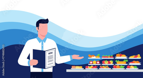 Waiter Presenting Menu in a Restaurant With Displayed Delicious Food Choices to Customers