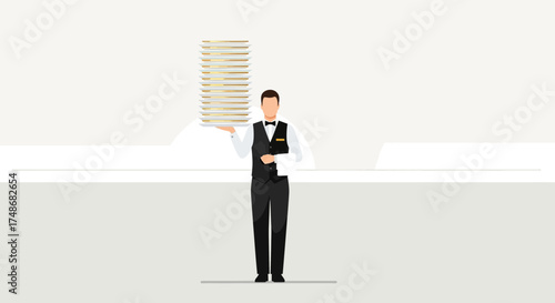 Waiter Presenting Stack Of Plates: Service Industry, Professionalism Displayed, Minimalist Design