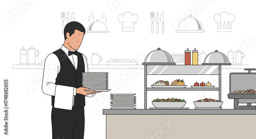 Waiter Presenting Plates Near Food Display in Stylized Restaurant Setting