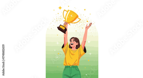 Victorious Woman Celebrates Achievement Raising Trophy, Success and Happiness Shown In Color