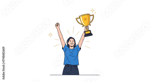 Victorious Woman Celebrates Achievement with Golden Cup, Displaying Joy and Accomplishment