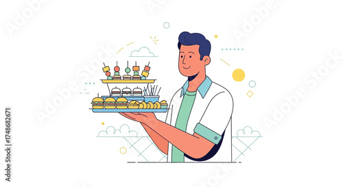 Waiter Serves Snacks Illustration: Food Service and Hospitality Concept Presentation