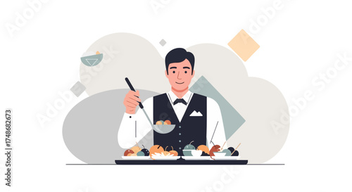 Waiter Serving Appetizers on a Tray in a Restaurant Flat Illustration Design