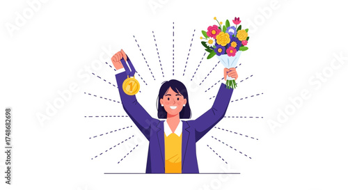 Victorious Woman Celebrating Achievement Holding Bouquet and Winner's Medal with Joyful Energy