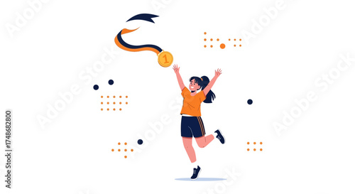 Victorious Young Woman Celebrating Achievement, Receiving Gold Medal in Artistic Illustration