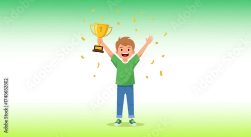 Victorious Youth Showing Trophy Celebrating Success and Victory with Joy and Elation