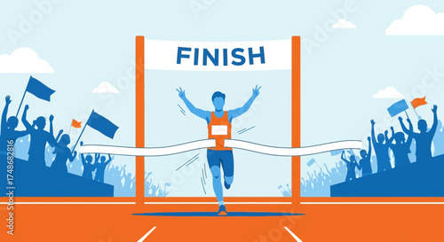 Victory Triumph Illustration Depicting A Runner Crossing The Finish Line With Enthusiastic Support
