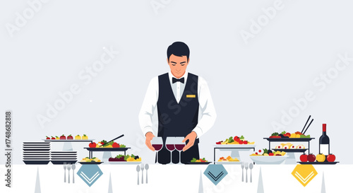 Waiter serving wine glasses at a buffet table or catering event illustration