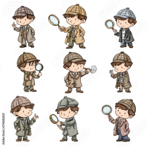 Set of cute cartoon boy detective characters in various poses.