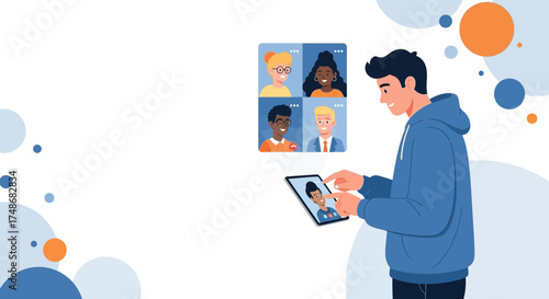 Video Conference Call On Tablet Device With A Group Of Diverse People Communicating Online