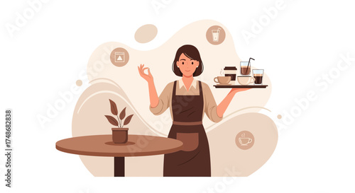 Waitress Serving Drinks on a Tray with coffee and a plant on a table in cafe illustration