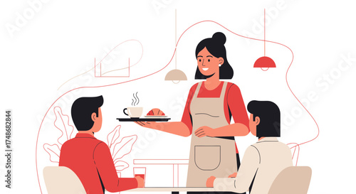 Waitress Serving Breakfast To Customers In Simple Modern Cafe Scene Illustration