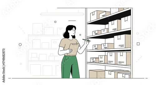 Warehouse inventory management illustration of a woman working on a delivery manifest