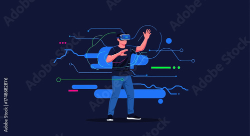 Virtual Reality User Immersed In Futuristic Interface Interacting With Digital World