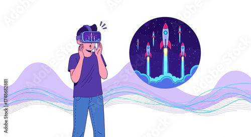Virtual Reality Explorer Experiences Rocketing Space Missions in Amazement Illustration
