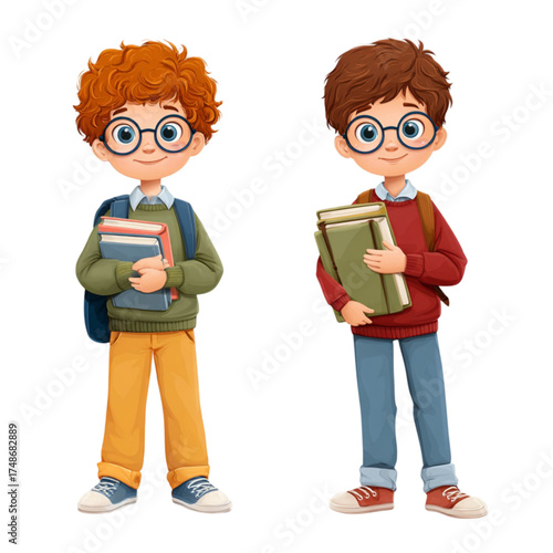 Two cute cartoon schoolboys with glasses and books standing together.