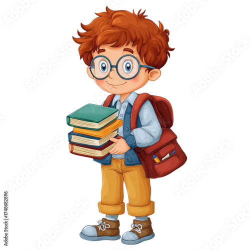 Charming cartoon schoolboy with glasses holding a stack of books.