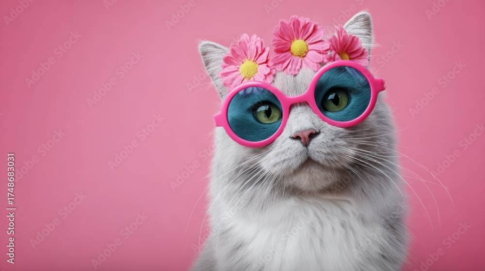 Fototapeta premium A cat wearing pink sunglasses and a flower headband. The cat is looking at the camera with a smile