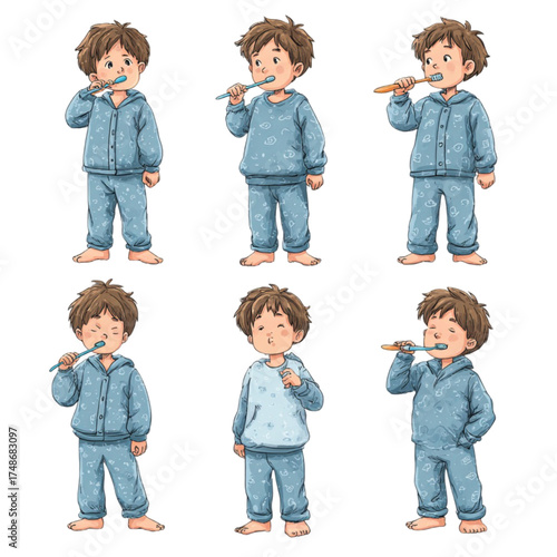 Set of six watercolor illustrations of a young boy in blue pajamas brushing his teeth.