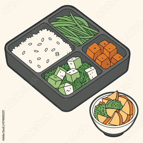 Bento box with rice green beans tofu cubes and green vegetables