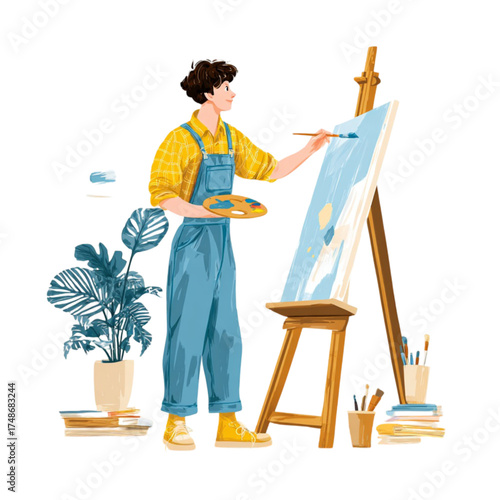 Young artist in blue overalls painting on a canvas.