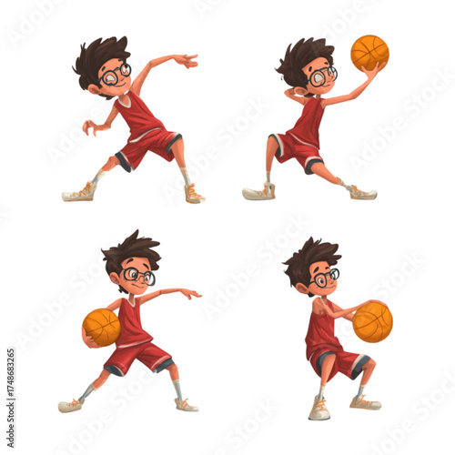 Set of illustrations of a young boy with glasses and a prosthetic leg playing basketball.